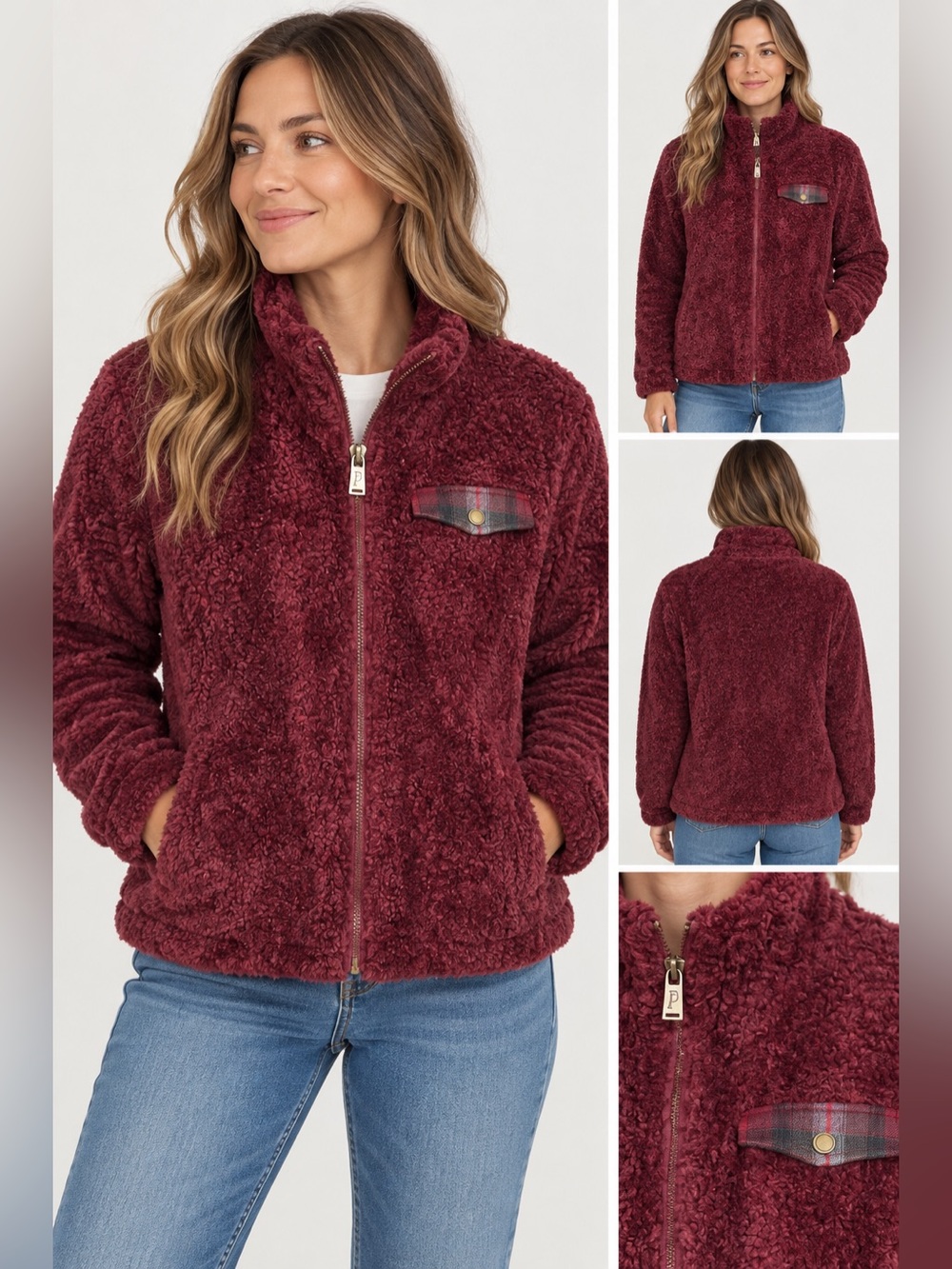 Pendleton Sherpa Fleece Jacket Women’s Large Burgundy Plaid Trim Full Zip Cozy
